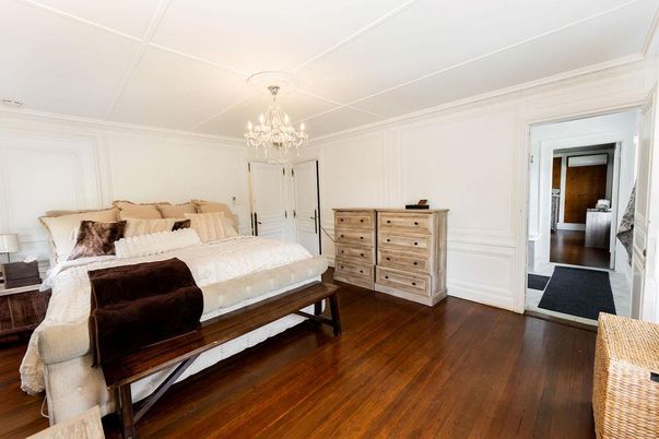 Bedroom, Chandelier, Interior, Wood Texture Flooring