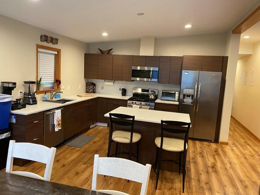 Interior, Kitchen, Recessed Lighting, Stainless Steel Appliances, Wood Texture Flooring