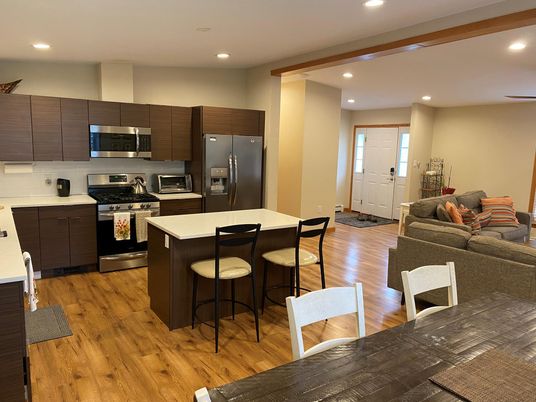 Interior, Kitchen, Living room, Recessed Lighting, Stainless Steel Appliances, Wood Texture Flooring