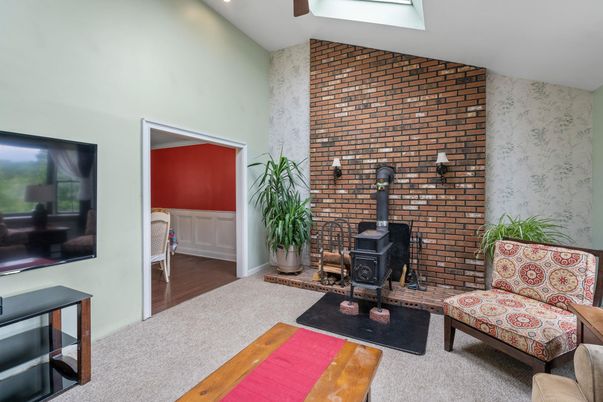 Fireplace, Interior, Recessed Lighting, Stone Walls, Wood Texture Flooring
