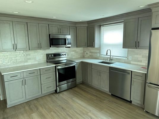 Interior, Kitchen, Recessed Lighting, Stainless Steel Appliances, Wood Texture Flooring