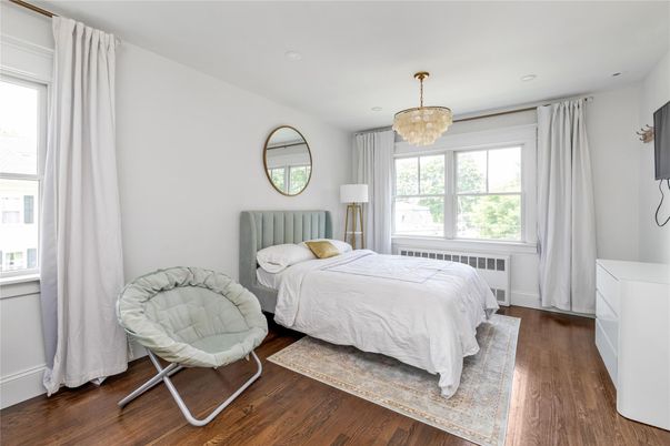 Bedroom, Chandelier, Interior, Recessed Lighting, Wood Texture Flooring