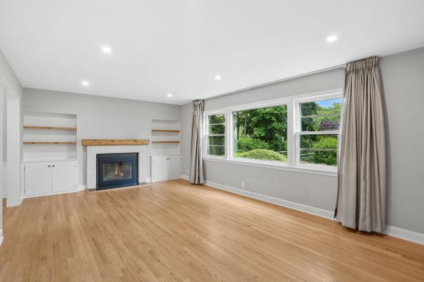 Empty room, Fireplace, Interior, Recessed Lighting, Wood Texture Flooring
