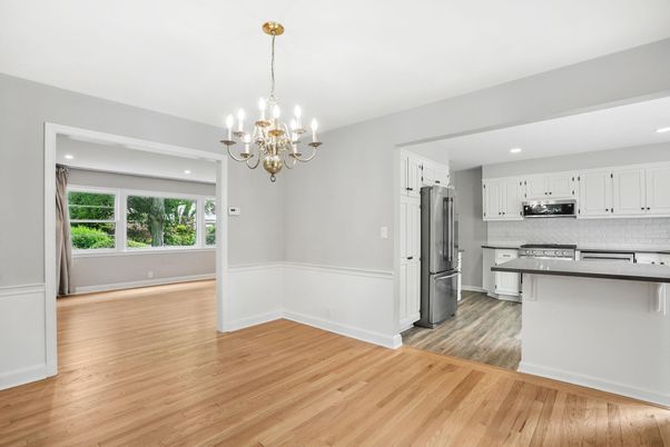 Chandelier, Interior, Kitchen, Recessed Lighting, Stainless Steel Appliances, Wood Texture Flooring