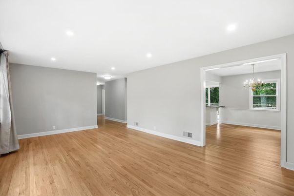 Chandelier, Empty room, Interior, Recessed Lighting, Wood Texture Flooring