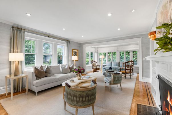 Dining room, Fireplace, Interior, Living room, Recessed Lighting, Wood Texture Flooring
