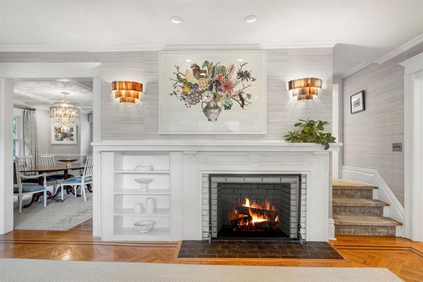 Chandelier, Dining room, Fireplace, Interior, Recessed Lighting, Wood Texture Flooring