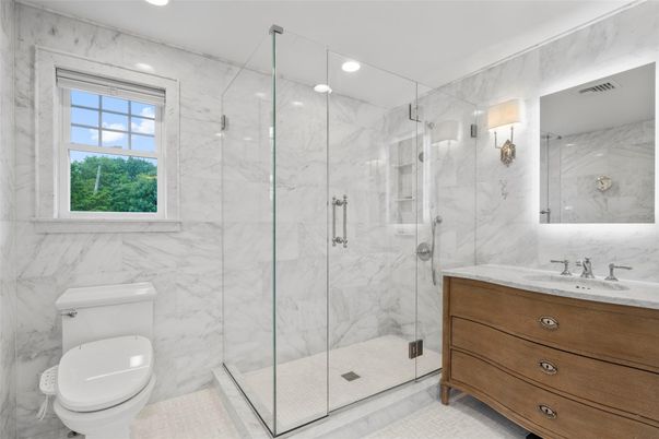 Bathroom, Glass Shower, Interior, Marble Walls, Recessed Lighting