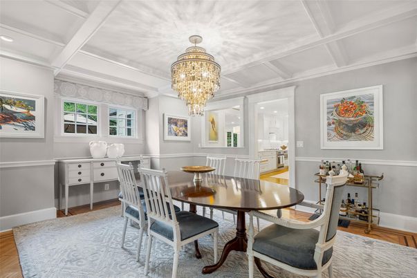 Chandelier, Dining room, Interior, Recessed Lighting, Wood Texture Flooring