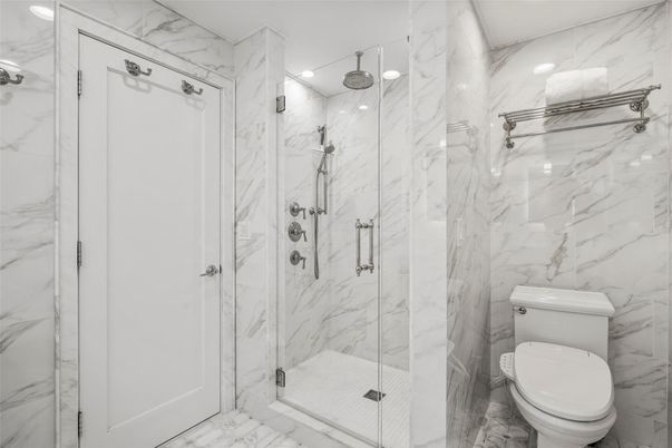 Bathroom, Glass Shower, Interior, Marble, Marble Walls, Recessed Lighting