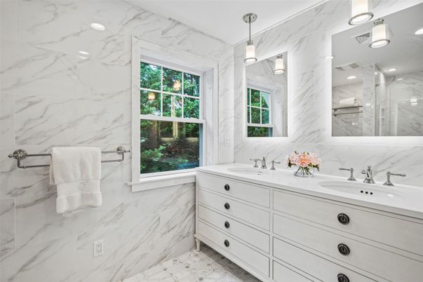 Bathroom, Dual Sink Vanities, Interior, Marble Walls, Recessed Lighting