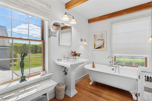Bathroom, Free Standing Baths, Interior, Wooden Beams, Wood Texture Flooring