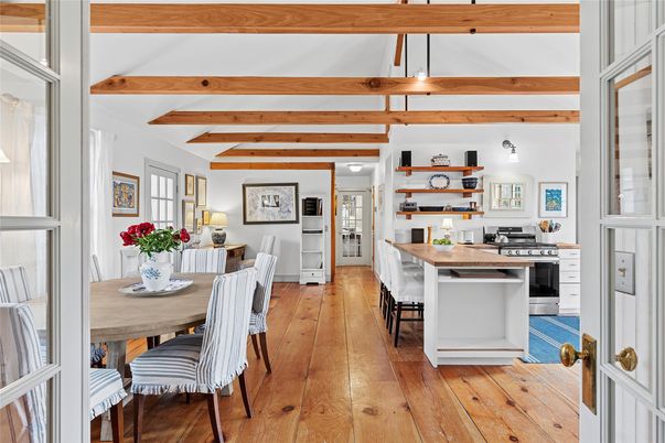 Dining room, Interior, Kitchen, Stainless Steel Appliances, Wooden Beams, Wood Texture Flooring