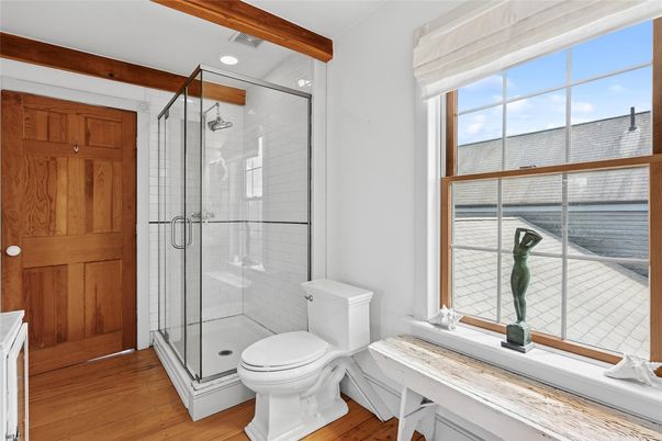 Bathroom, Glass Shower, Interior, Recessed Lighting, Wood Texture Flooring