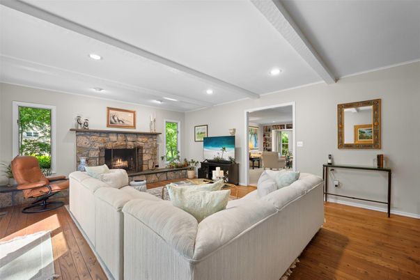 Fireplace, Interior, Living room, Recessed Lighting, Wood Texture Flooring