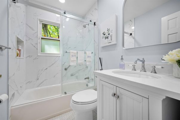 Bathroom, Glass Shower, Interior, Marble Walls, Recessed Lighting