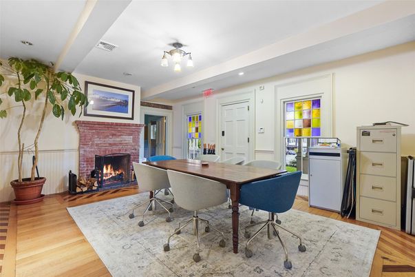 Dining room, Fireplace, Interior, Recessed Lighting, Wood Texture Flooring