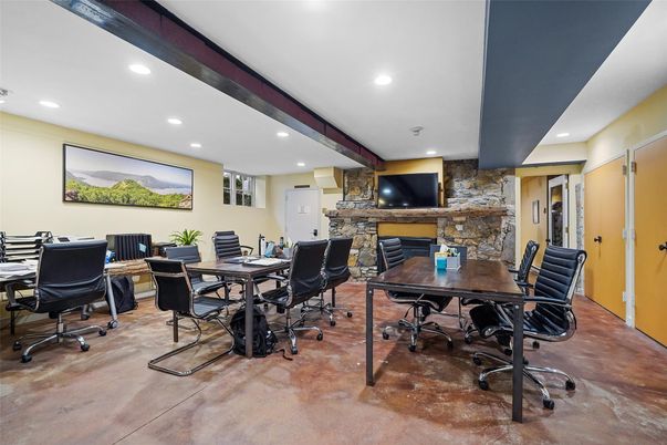 Fireplace, Home Office, Interior, Recessed Lighting, Stone Walls