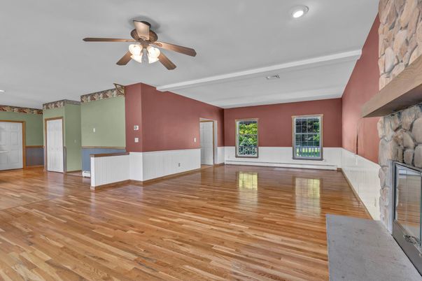 Empty room, Fireplace, Interior, Recessed Lighting, Wood Texture Flooring