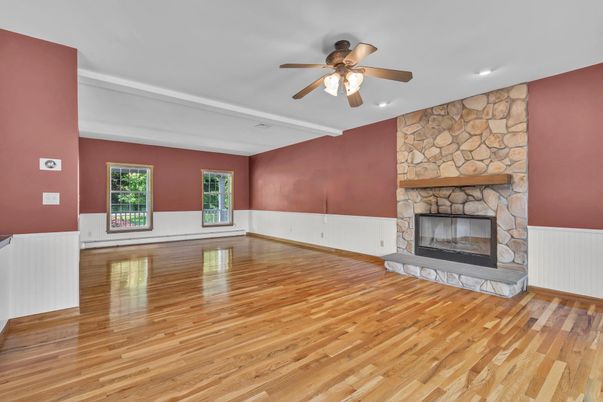 Empty room, Fireplace, Interior, Recessed Lighting, Wood Texture Flooring