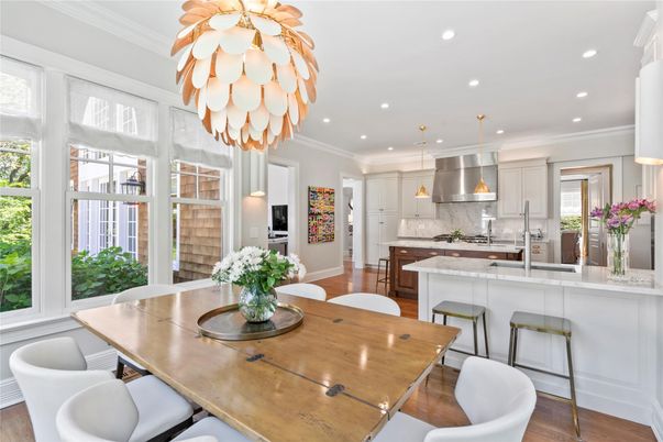 Dining room, Interior, Kitchen, Pendant Lights, Recessed Lighting, Stainless Steel Appliances, Wood Texture Flooring