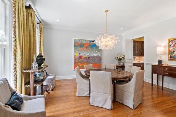 Dining room, Interior, Pendant Lights, Recessed Lighting, Wood Texture Flooring