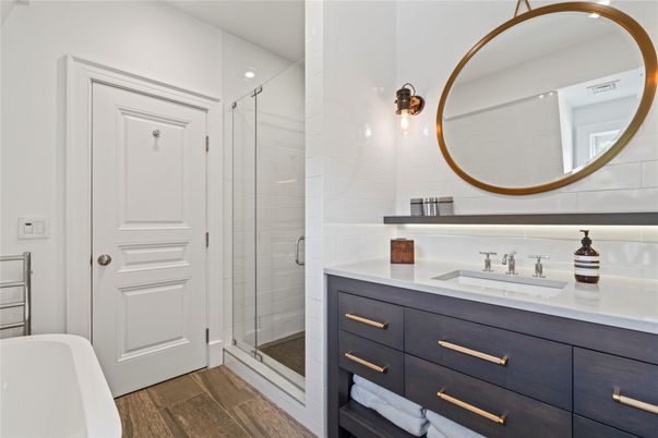 Bathroom, Glass Shower, Interior, Wood Texture Flooring