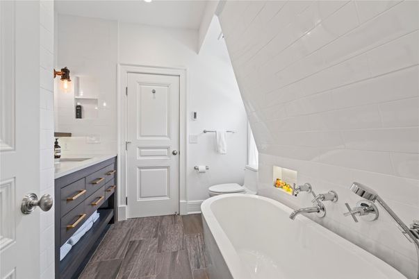 Bathroom, Free Standing Baths, Interior, Wood Texture Flooring
