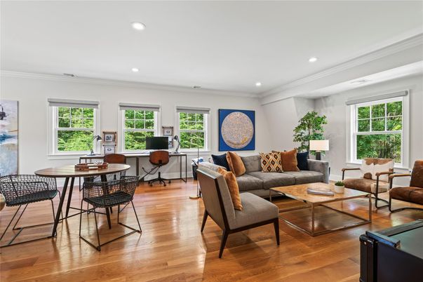 Dining room, Interior, Living room, Recessed Lighting, Wood Texture Flooring