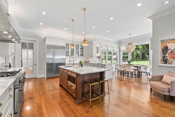 Dining room, Interior, Kitchen, Pendant Lights, Recessed Lighting, Stainless Steel Appliances, Wood Texture Flooring