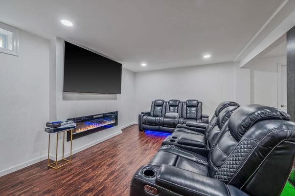 Home Theatre Room, Fireplace, Interior, Recessed Lighting, Theatre Room, Wood Texture Flooring