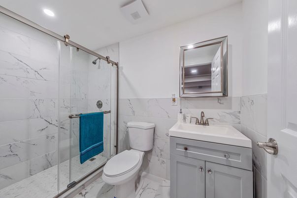 Bathroom, Glass Shower, Interior, Marble, Marble Walls, Recessed Lighting