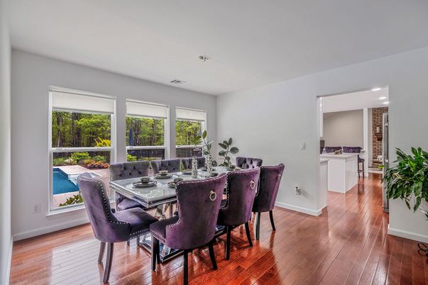 Dining room, Interior, Recessed Lighting, Wood Texture Flooring