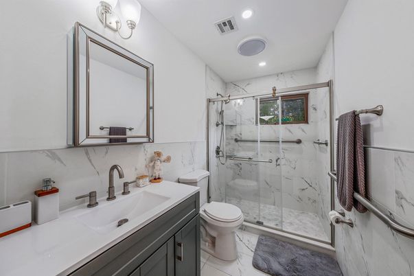 Bathroom, Glass Shower, Interior, Marble, Marble Walls, Recessed Lighting