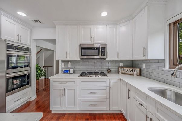 Interior, Kitchen, Recessed Lighting, Stainless Steel Appliances, Wood Texture Flooring