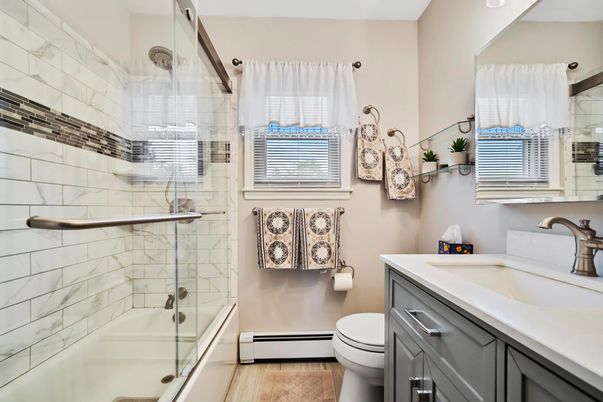 Bathroom, Glass Shower, Interior, Wood Texture Flooring