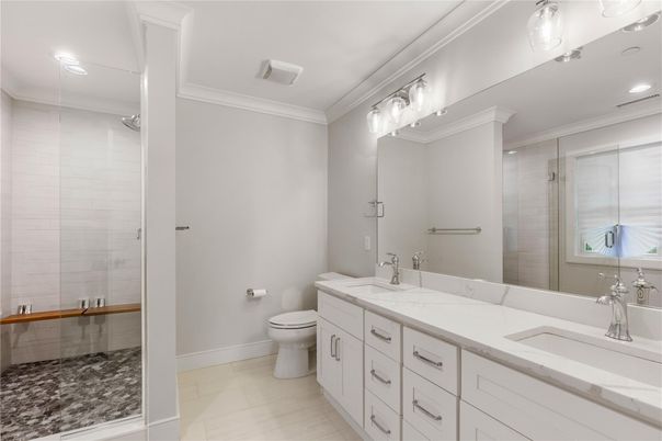 Bathroom, Dual Sink Vanities, Glass Shower, Interior, Recessed Lighting