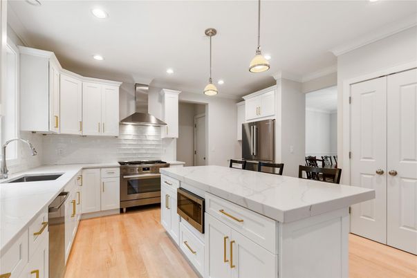 Interior, Kitchen, Pendant Lights, Recessed Lighting, Stainless Steel Appliances, Wood Texture Flooring