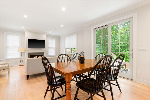 Dining room, Fireplace, Interior, Living room, Recessed Lighting, Wood Texture Flooring
