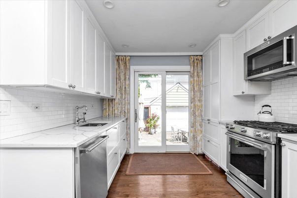 Interior, Kitchen, Recessed Lighting, Stainless Steel Appliances, Wood Texture Flooring