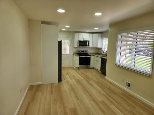 Interior, Kitchen, Recessed Lighting, Stainless Steel Appliances, Wood Texture Flooring