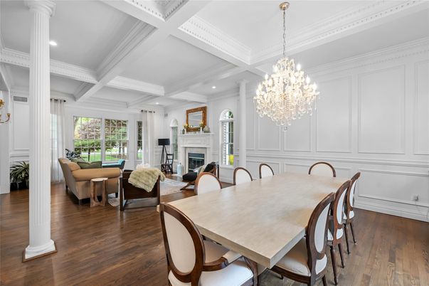 Chandelier, Dining room, Fireplace, Interior, Living room, Recessed Lighting, Wood Texture Flooring