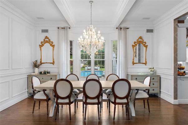 Chandelier, Dining room, Interior, Wood Texture Flooring