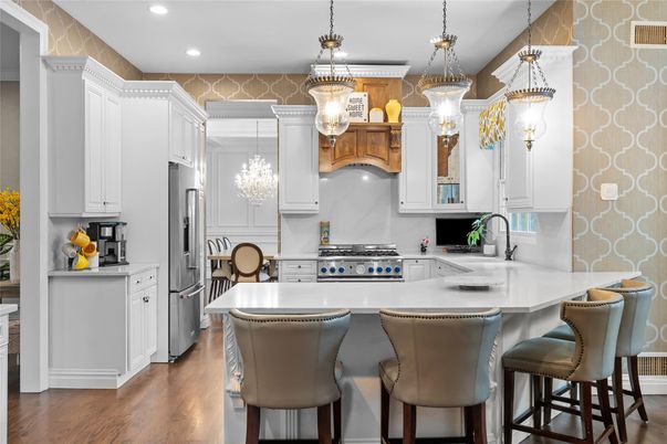 Chandelier, Interior, Kitchen, Pendant Lights, Recessed Lighting, Stainless Steel Appliances, Wood Texture Flooring