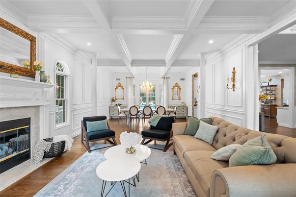 Chandelier, Dining room, Fireplace, Interior, Living room, Recessed Lighting, Wood Texture Flooring