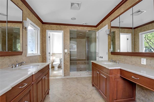 Bathroom, Dual Sink Vanities, Glass Shower, Interior, Recessed Lighting
