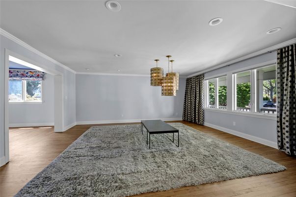 Chandelier, Empty room, Interior, Pendant Lights, Recessed Lighting, Wood Texture Flooring