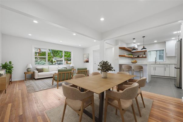 Dining room, Interior, Kitchen, Living room, Pendant Lights, Recessed Lighting, Wood Texture Flooring