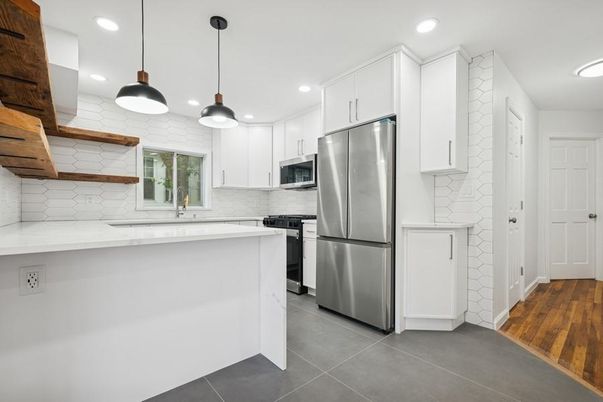 Interior, Kitchen, Pendant Lights, Recessed Lighting, Stainless Steel Appliances, Wood Texture Flooring
