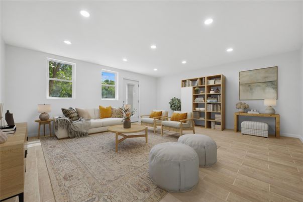 Interior, Living room, Recessed Lighting, Wood Texture Flooring